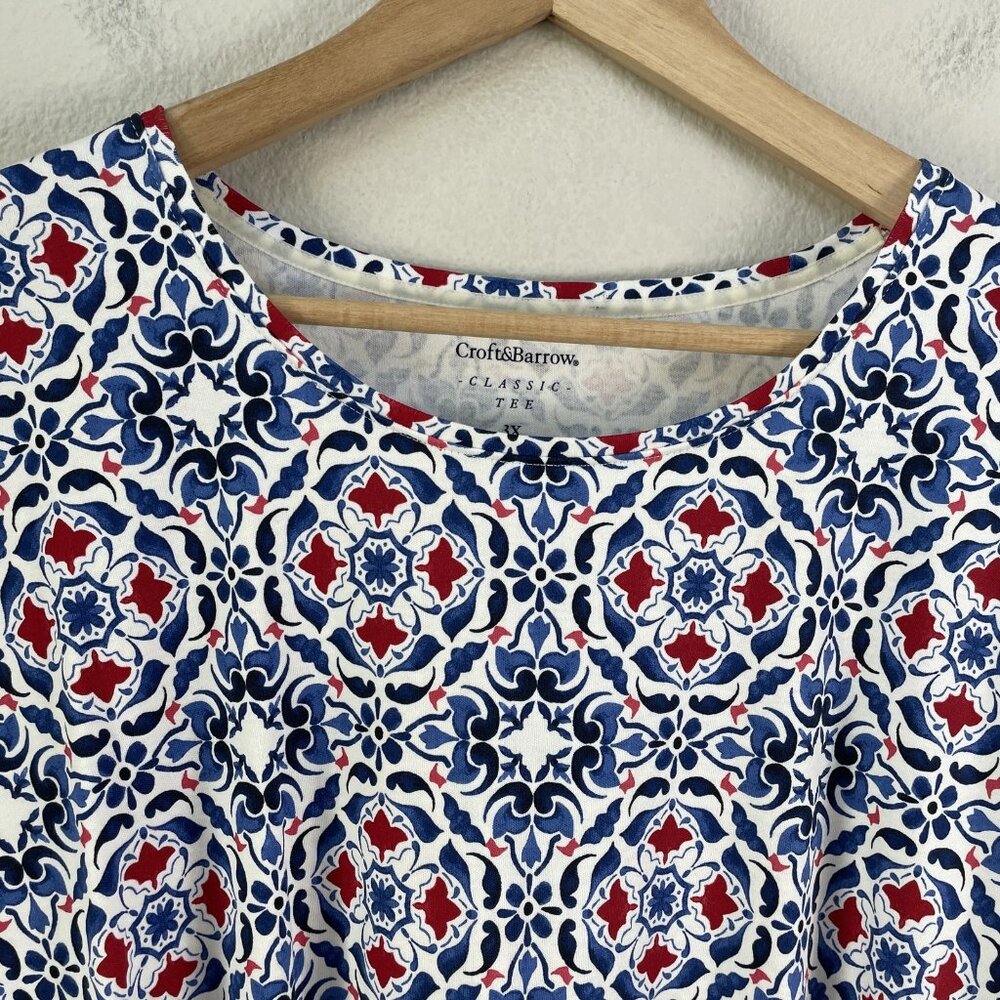 Croft & Barrow‎ Shirt Womens 3X Red Blue White Geometric Classic Tee Cotton Top - Picture 8 of 10